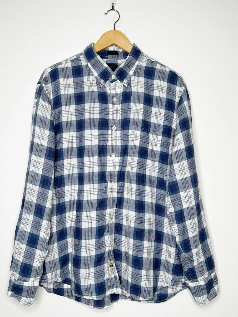J. Crew Baird McNutt Irish Linen Plaid Shirt Mens XL Slim Blue White Button Down
